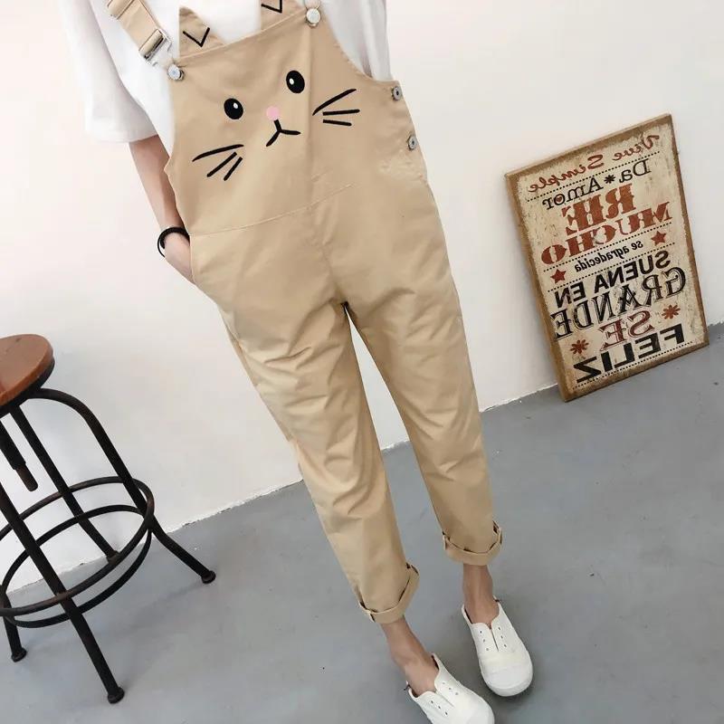 WTEMPO Cute Cat Overalls Girl Student Summer Jumpsuit Woman Jeans Long Romper Pants Pockets Sleeveless Adjusted Overalls Jeans Trousers