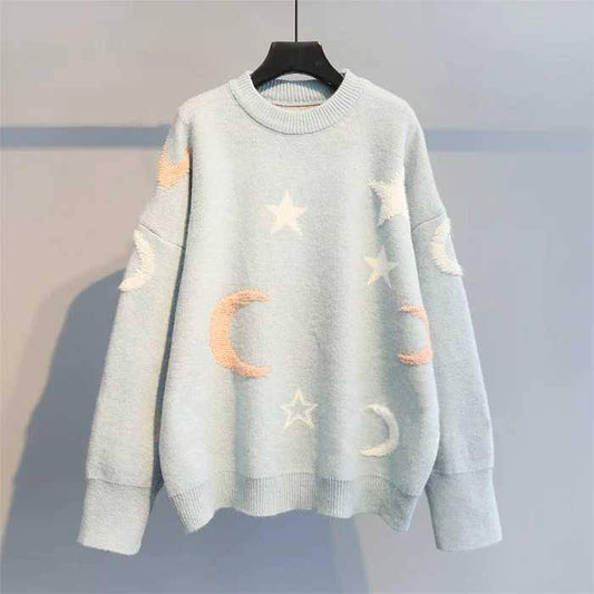 Stars and Moon Sweater Women Winter Loose Round Neck Long Sleeved Pullover Knitted Sweater