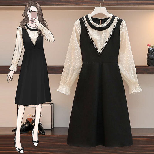 Female Vintage High Waist Long Sleeve Casual Dress Summer Elegant Slim Chiffon Lace Pleated Dress