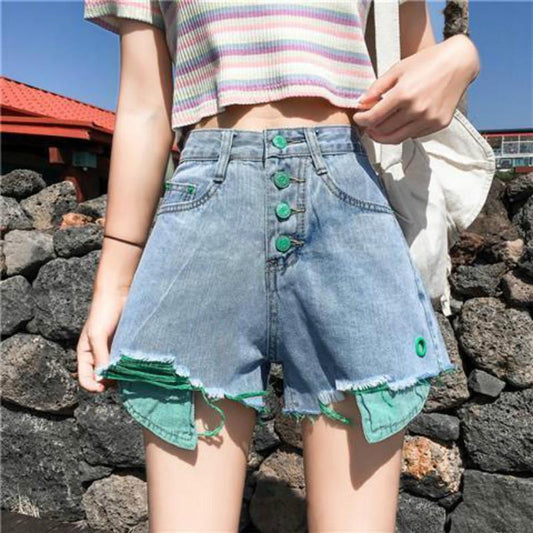 WTEMPO Shredded Denim Shorts Female Student Loose Loose Thin Edge High Waist A Word Wide Leg Pants