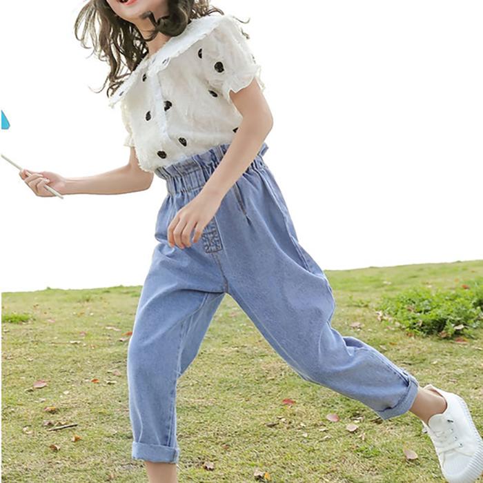 2PCS Children Clothing Set Spring Summer Girls Suits Wave Point Short Sleeve Tops + Denim Pants Clothing Set