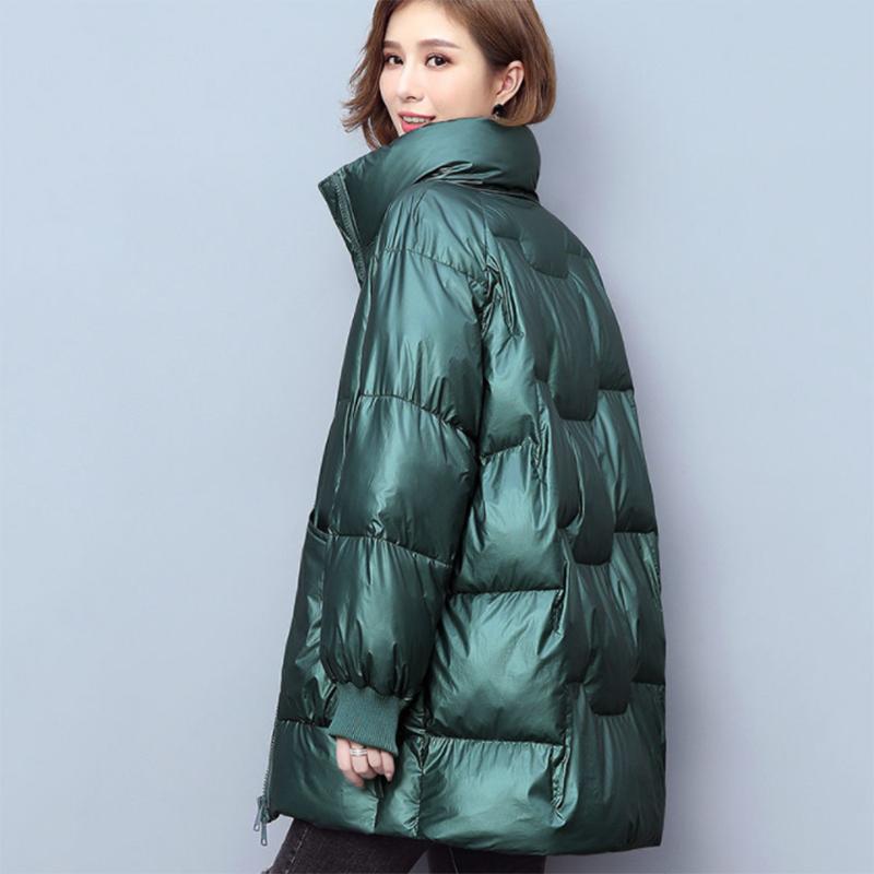 Women's Shiny Mid-length Down Jacket Winter Korean Style Loose Coat Warm Stand-collar Down Jacket