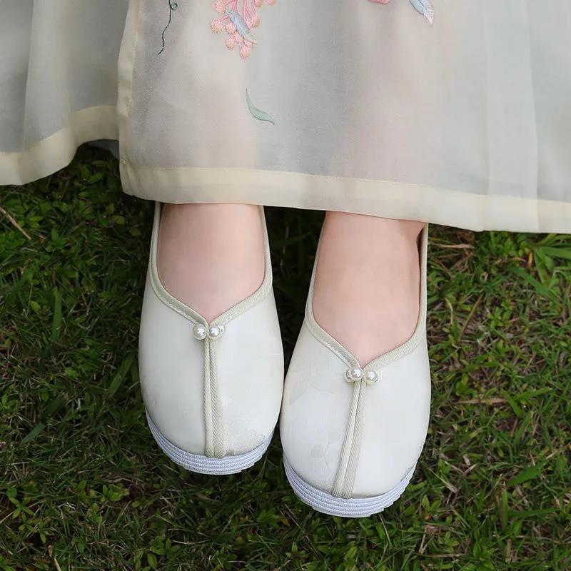 Summer Round Head Hanfu Shoes Costume Shoes Embroidered Cloth Shoes Ming Dynasty Song Dynasty National Style Flat-bottomed Pearl Ancient Style