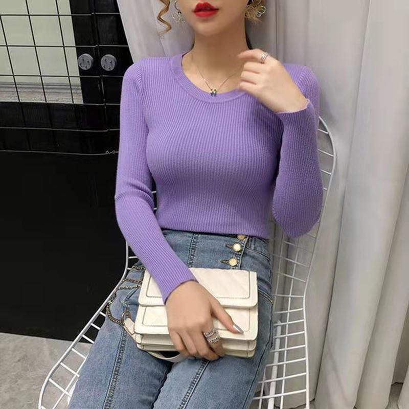 All-match Solid Color Top Women's Thin Soft and Comfortable Sweater Round Neck Pullover Tight-fitting Thin Inner Base Shirt