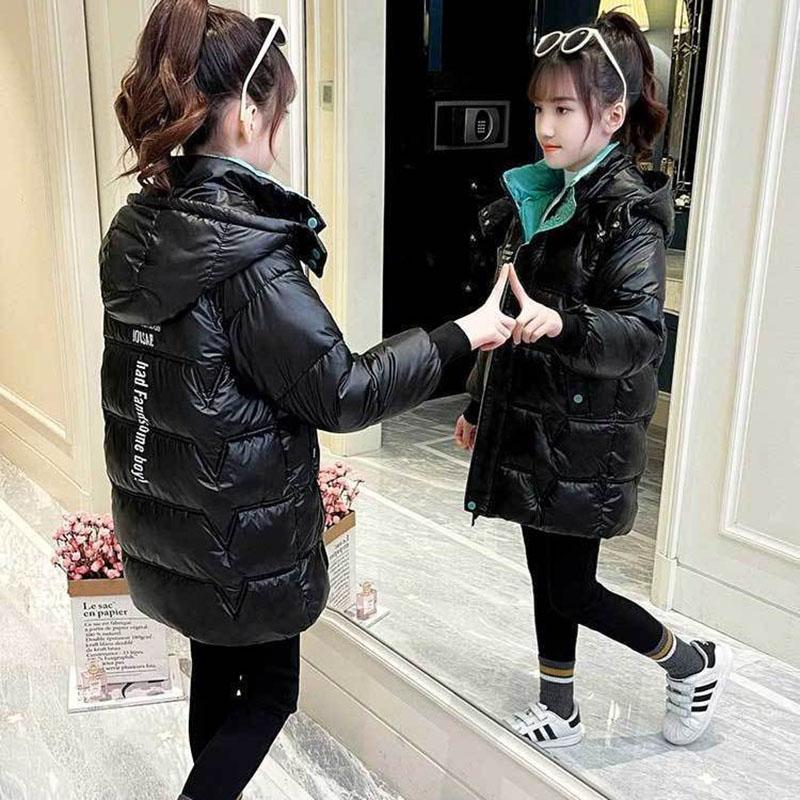 Girls Mid-length Disposable Printed Hooded Cotton Jacket Warm and Windproof Padded Winter Jacket