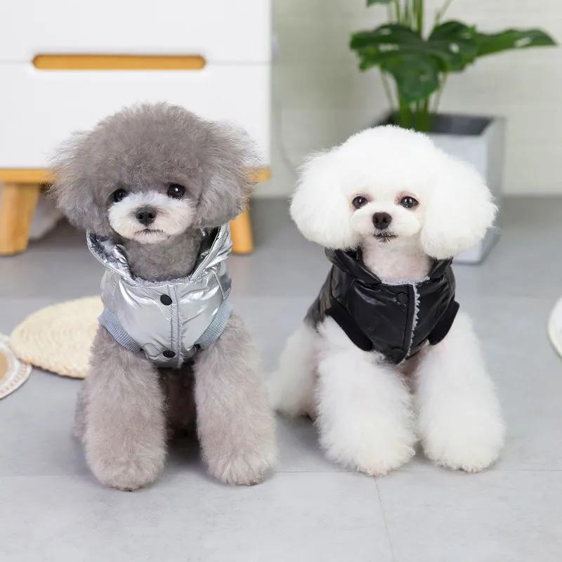 Dog's Clothes Winter Thicker PU Cotton Coat Teddy Bichon Pet Winter Warm Clothing Plus Velvet Hooded Coat 2 Legged Rompers Solid Thick Jacket Coats