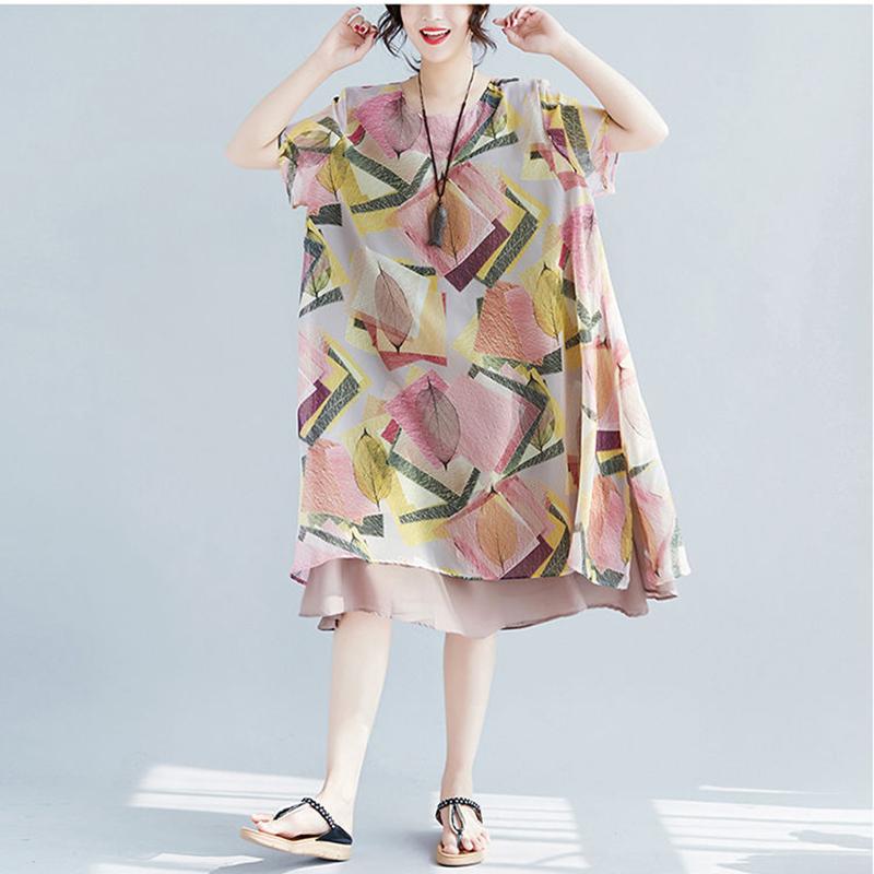 XL Women's Chiffon Round Neck Dress Fabric Lightweight Breathable Mid-length Loose Large Size Dress Women Retro Style