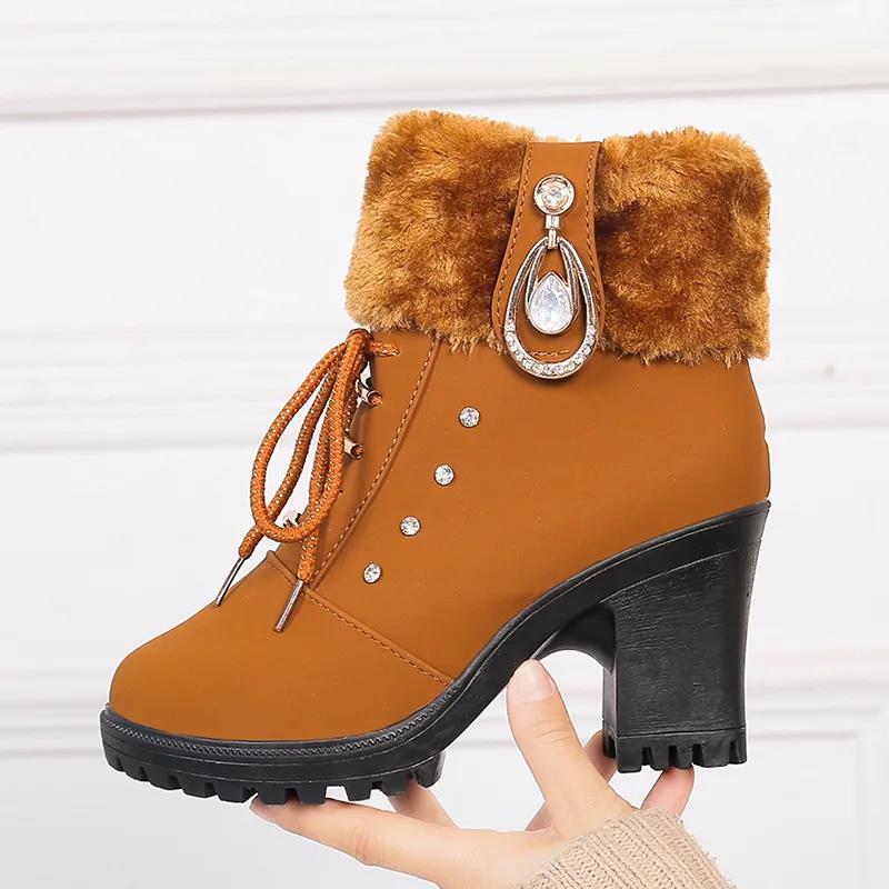 Plus Velvet Women's Boots 2021 Autumn Winter Martin Boots Female British Style High-heeled Short Boots Thick Heel Side Zipper