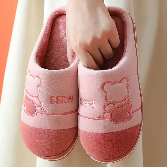 Home Slippers Women Thick Warm Winter Slippers Plus Size Men Cotton Slides Cute Bear Pink Blue Couples Slippers Indoor Non Slip