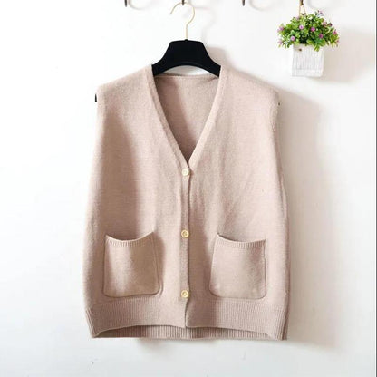 Knitted Vest Women Short Korean Version of Loose V-neck Pocket Sleeveless Wool Vest Cardigan Women Jacket Spring Autumn