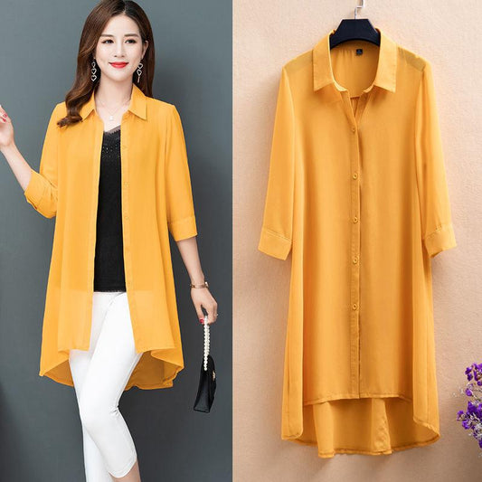 Chiffon Shirts Women's Large Size Mid-Length Three-quarter Sleeve Cardigan Outer Sunscreen