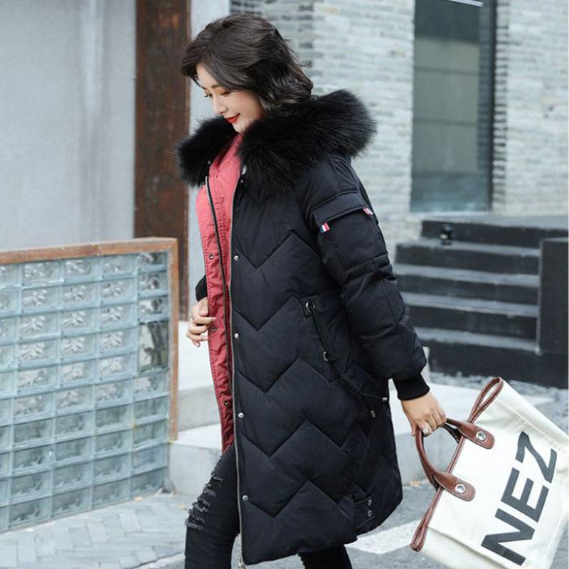 Down Jacket Winter Ladies Fashion Korean Big Fur Collar Thick Warm Hooded Mid-length Plus Size Cotton Jacket