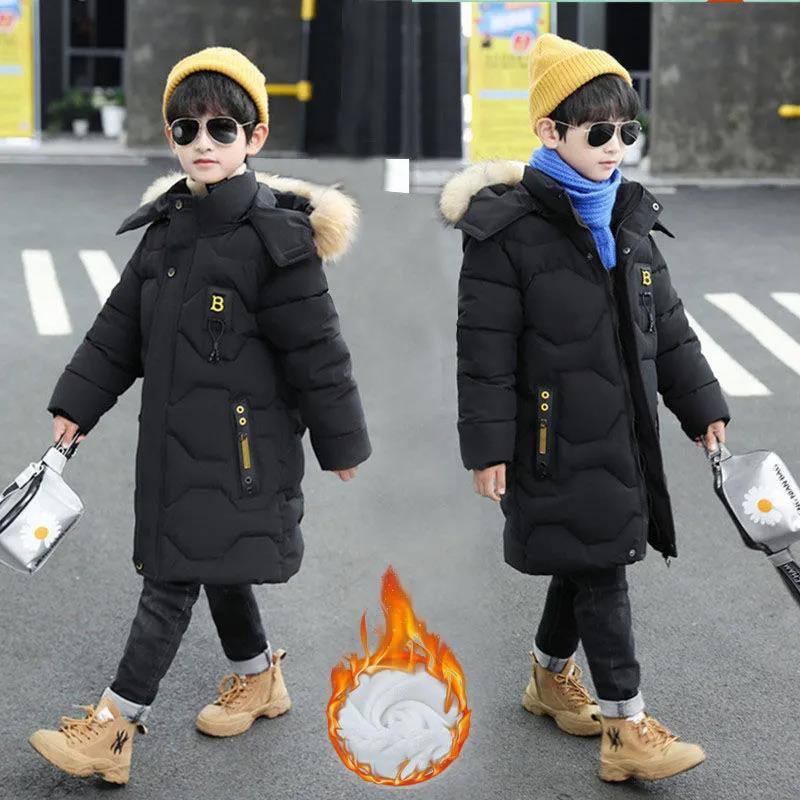 Boys Winter Jacket New Cotton-padded Clothes Big Boys Handsome Clothes Mid-length Velvet Thick Warm Jacket