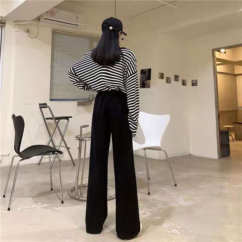 WTEMPO Women's Wide-leg Pants Super Long Elastic Waist Mid-waist  Straight Loose Casual Daily