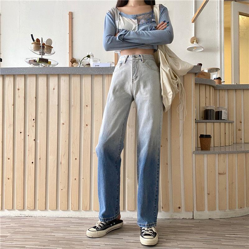 Autumn Design Sense Gradient High-waisted Jeans Women's Straight Loose Wide-leg Trousers Trend