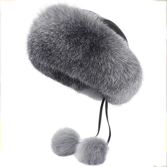 Women's Winter Hat Imitated Fox Fur Ball Plush Beret All-match Adjustable Hat Warm Cold Proof Ear Protection Hat Solid Fluffy Plushy Top Cap Fur Hat