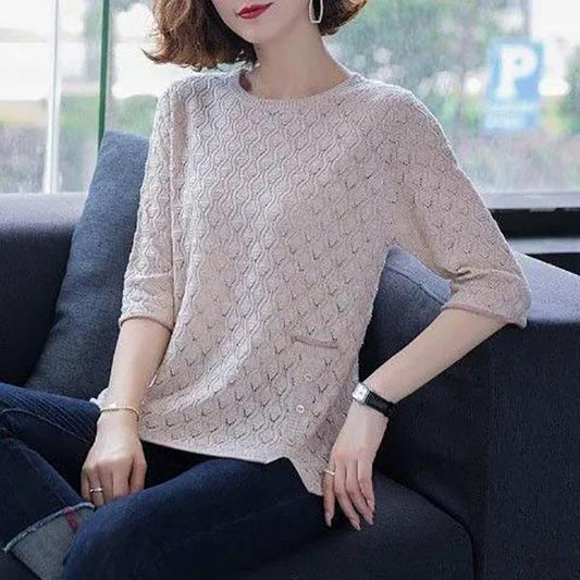 Women Knitted Shirt Solid Color Hollow T-shirt Three-quarter Sleeve Shirt Casual Comfortable Pullover Summer