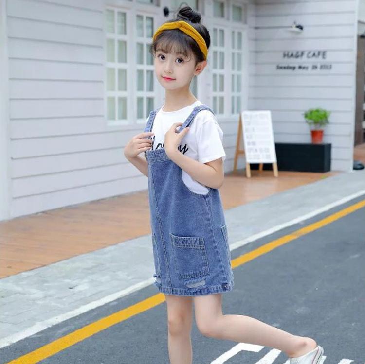 2PCS Children Clothing Set Spring Summer Girls Suits Denim Skirt Solid Color Printing Short Sleeve Strap Skirt Suit Clothing Set