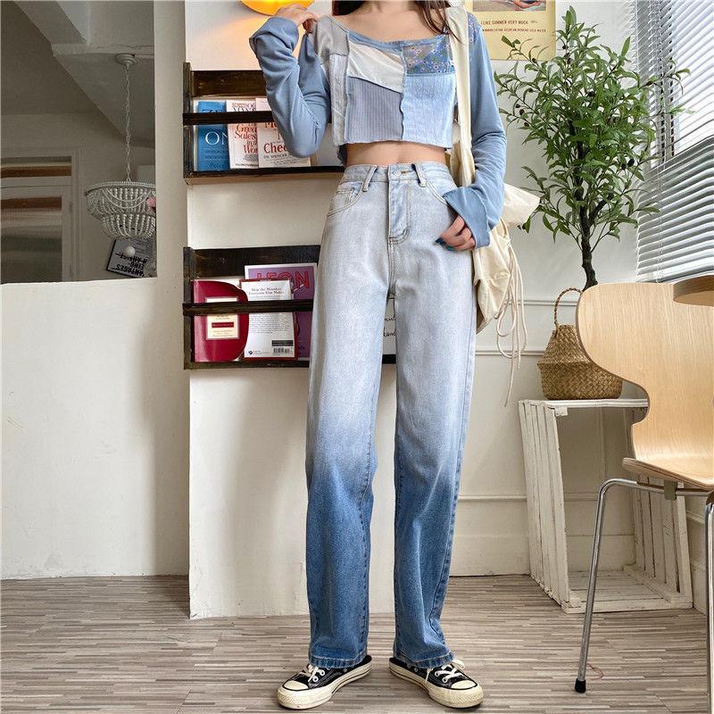 Autumn Design Sense Gradient High-waisted Jeans Women's Straight Loose Wide-leg Trousers Trend