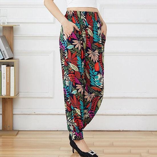 Women's Summer and Autumn Large Size Pants Soft Mother's Jogger Pants Loose Printed Pants Elastic Waist Casual Cropped Pants