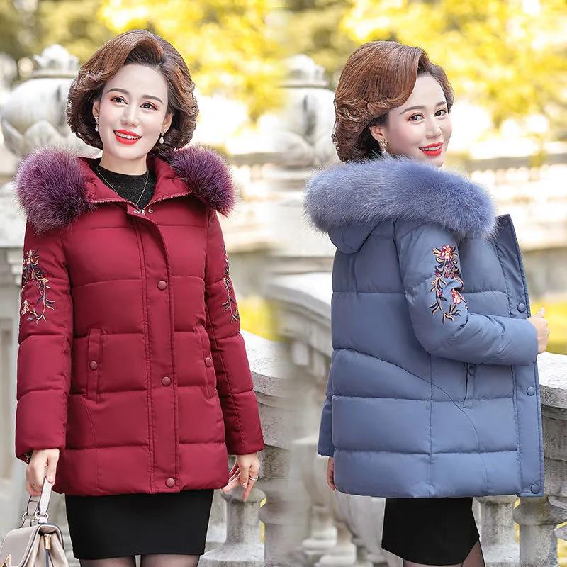 Winter Down Cotton Jacket Fashion Fur Collar Hooded Mid-length Jacket Thick Warm Cotton Jacket Suitable for Middle-aged Women