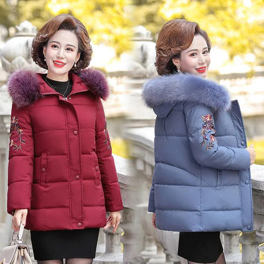 Winter Down Cotton Jacket Fashion Fur Collar Hooded Mid-length Jacket Thick Warm Cotton Jacket Suitable for Middle-aged Women