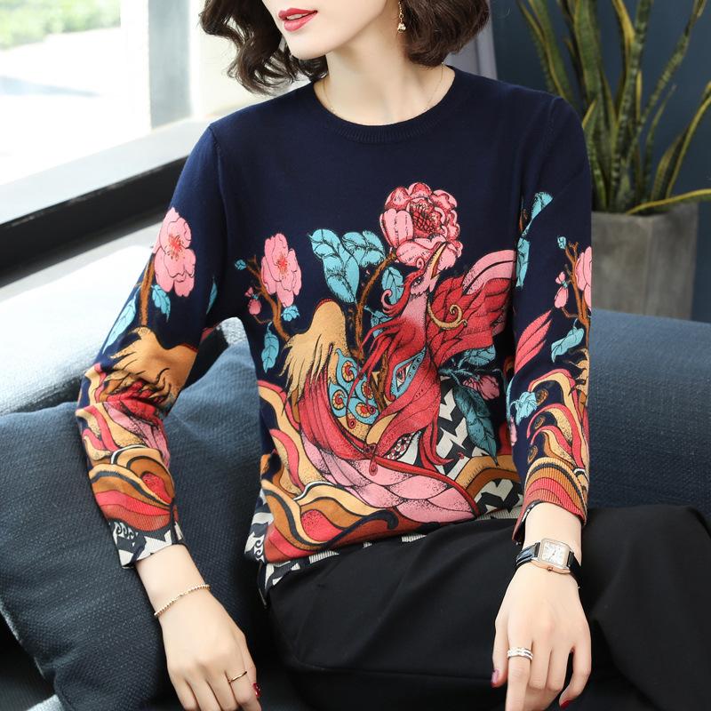 Autumn and Winter Ladies Sweater Print Pattern Knit Sweater Round Neck Long Sleeve Loose Bottoming Shirt Fashion All-match Women's Clothing