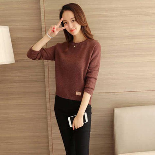 Autumn and Winter Knitted Sweater Short Round Neck Loose Top Simple Long-sleeved Women's Bottoming Shirt