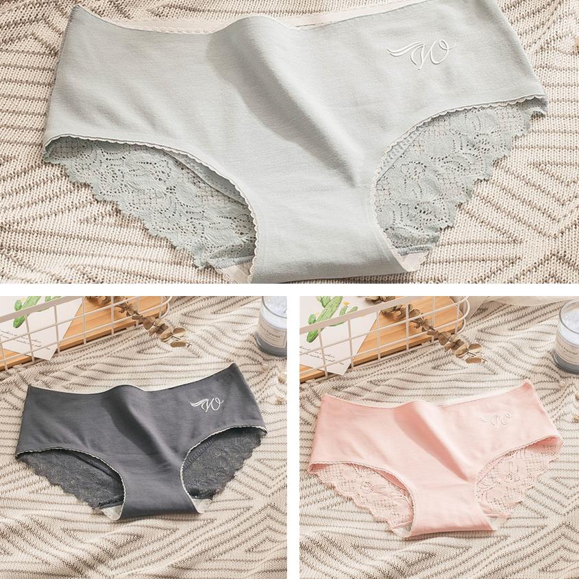 3Pcs/Set Seamless Cotton Lace Panties Women's Lace Breathable Underpants Mid-waist Graphene Crotch Briefs