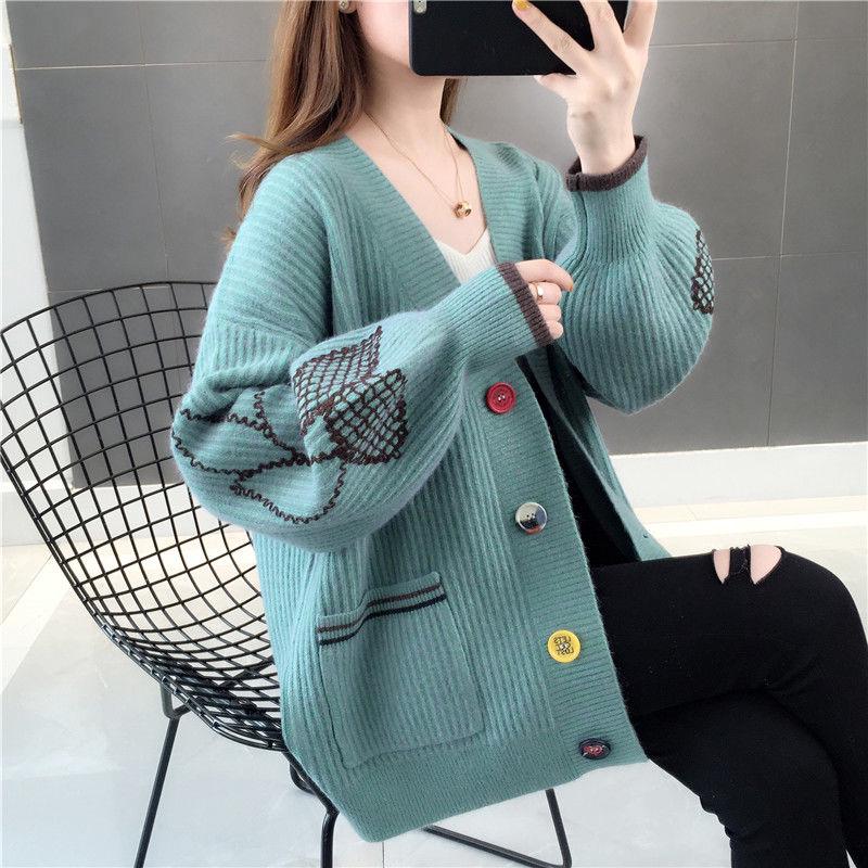 Women's Embroidered Knit Cardigan Loose Mid-length Knitted Sweater Coat Fashion