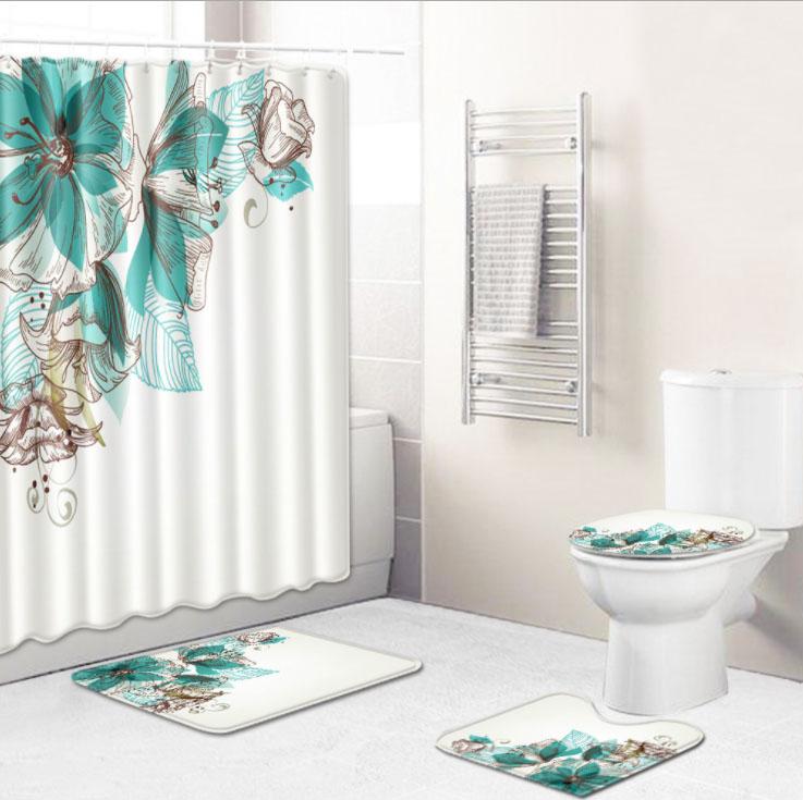 Charming Flower Pattern Bathroom Non-slip Mat Carpet Toilet Seat Cushion Shower Curtain Set