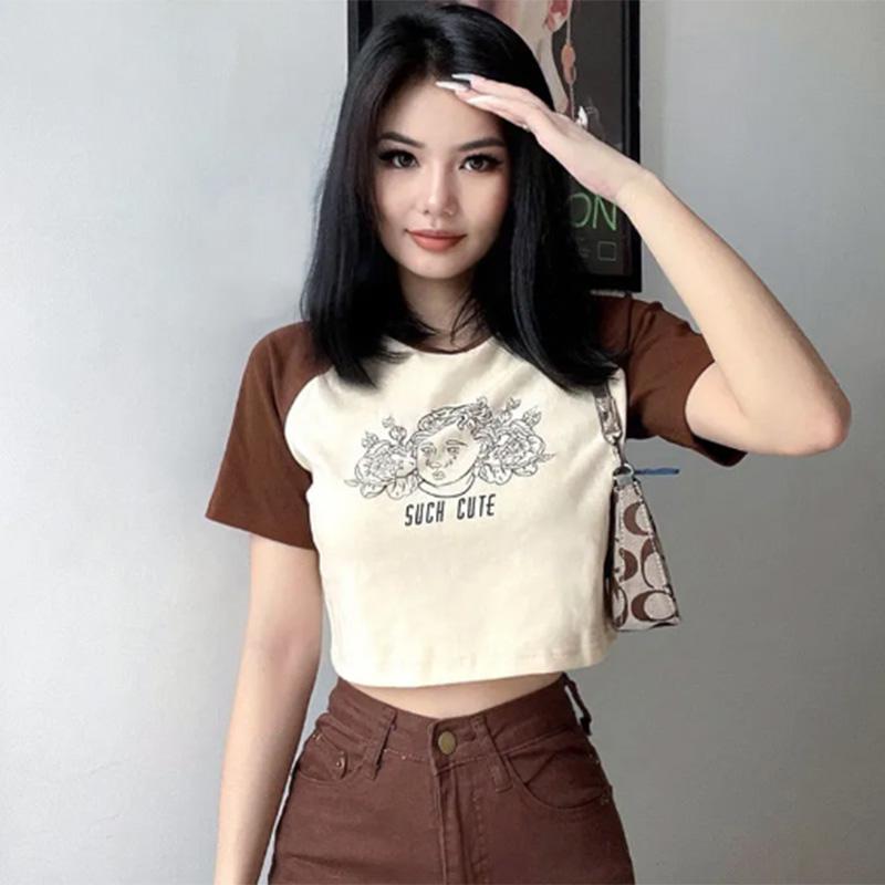 Printed Contrast Color T-shirt Women's Short Raglan Sleeves Slim Fit Cartoon Solid Color All-match Top Summer Tide