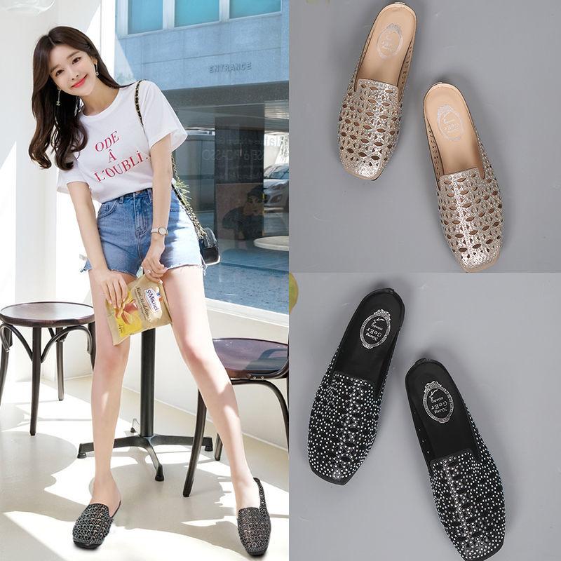 Woman's Fashion Casual Slip On Outdoor Slippers Crystal Hollow Out Flat Shoes