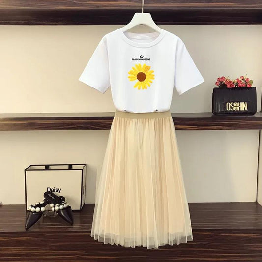 Women Summer Elegant Two Pieces Set Round Neck Daisy Print Blouse Slim Long Solid Color Skirt Vintage Female Holiday Skirt Set