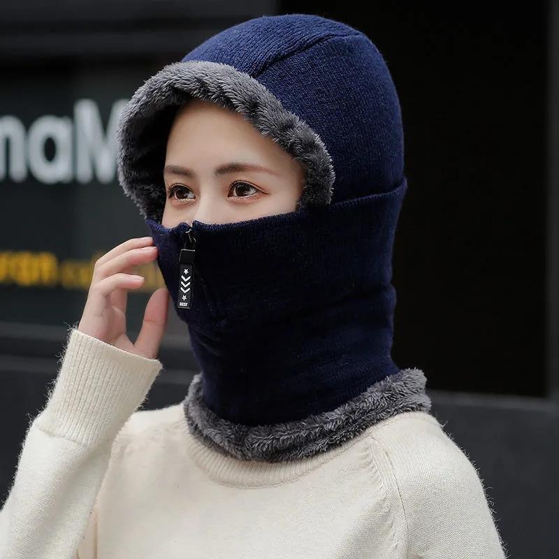 Mother Warm Winter Knit Beanie Fur Pom Hat Zipper Scarf Cap Woolen Hat Women Winter Thickened Riding Windproof Mask Bib Integrated Scarf Hats Set