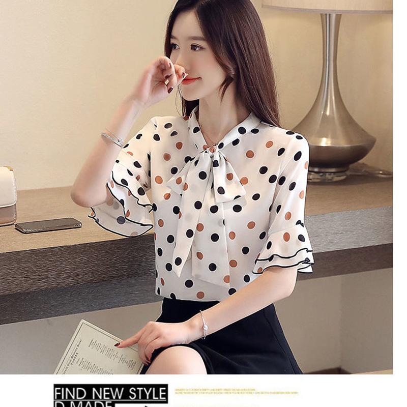 Sweet Shirt Summer Polka Dot Half-sleeved Top Women's Lotus Leaf Collar Polka Dot Shirt Short-sleeved Chiffon Shirt Tie Bow Shirt