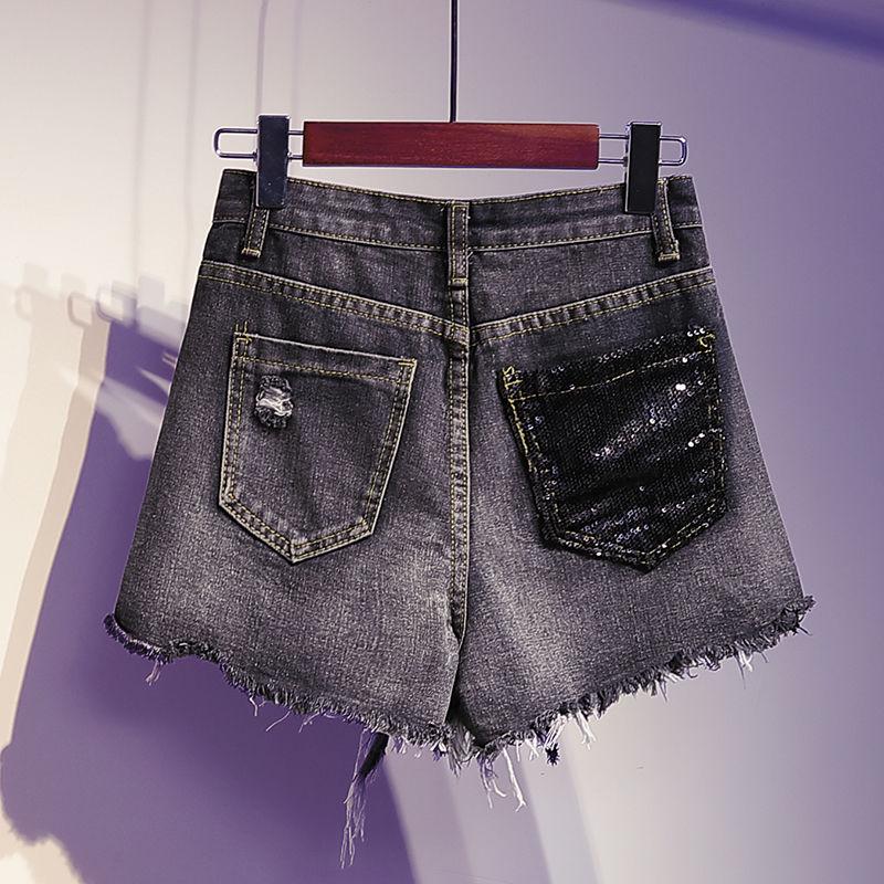 WTEMPO Summer Large Size Denim Shorts Female Sequins Were Thin High Waist Raw Edge A Word Wide Leg Pants