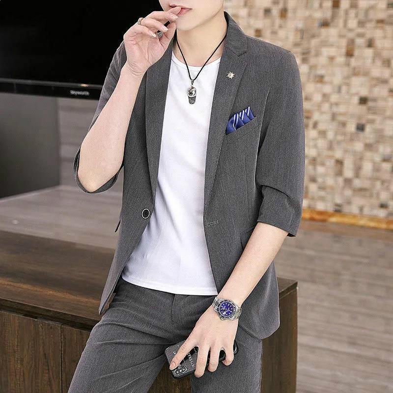 Summer Suits Three-quarter Sleeves Young Men Self-cultivation Handsome Men's Small Suits Trendy Short-sleeved Jackets Men