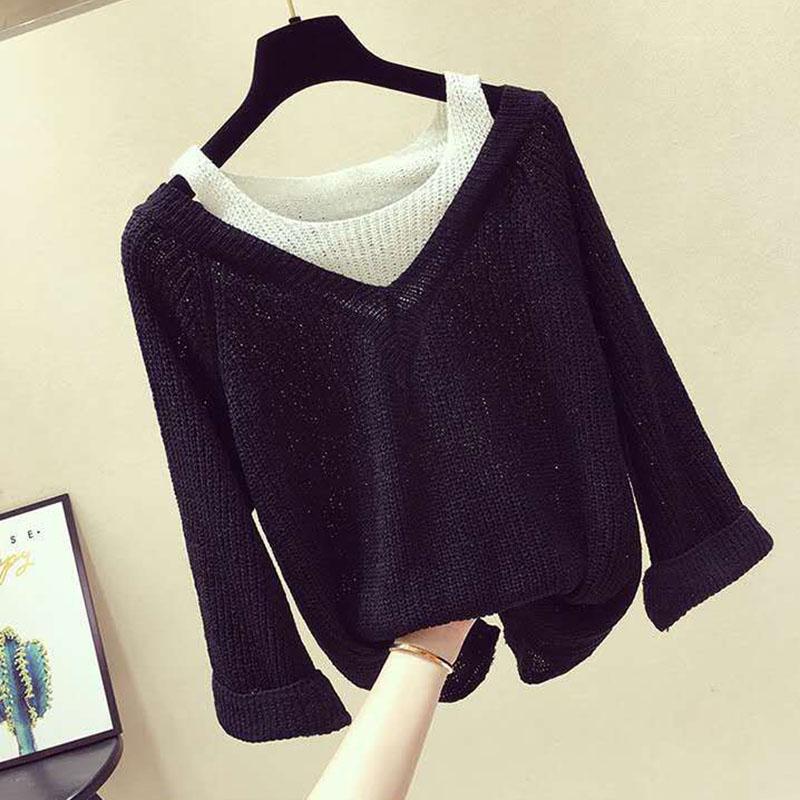 Women's Pullover Sweater Fake Two-piece Sexy Off-the-shoulder Sweater Women's Long-sleeved Loose Sweater Bottoming Top