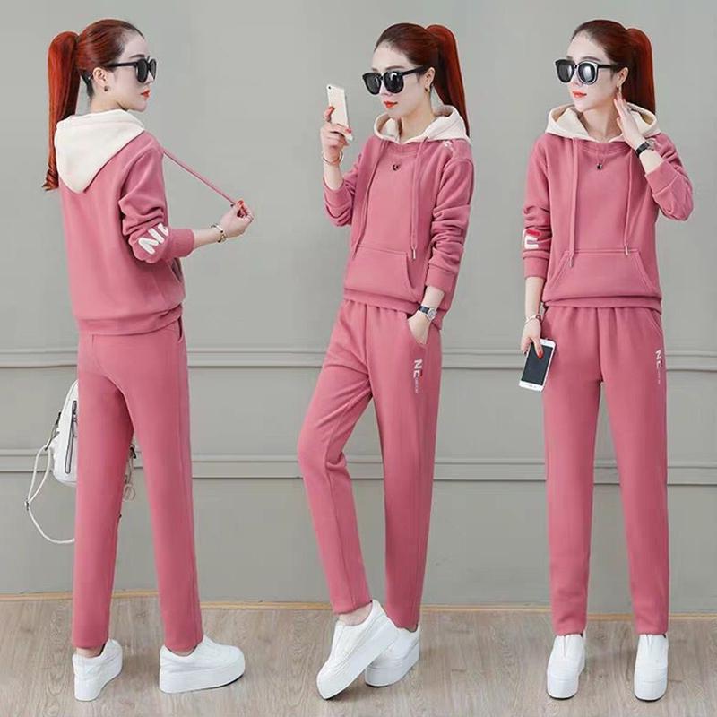 Plus Velvet Thickened Leisure Sports Suit Women Loose Hooded Hoodie Two-piece Fabric Breathable Warmth and Comfort