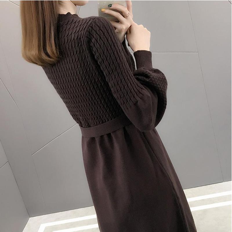 Knit Dress Women Autumn and Winter Loose Mid-length Over-the-knee Sweater Bottoming Tie Belt Slim-fit Sweater Dress Puff Sleeve Sweater