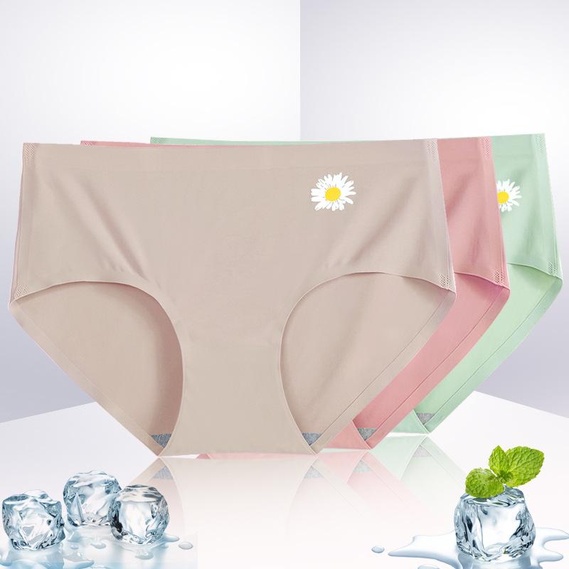 3Pcs/Set Women's Daisy Panties Female Seamless Ice Silk Mid-waist Underpants Ladies Cotton Crotch Briefs