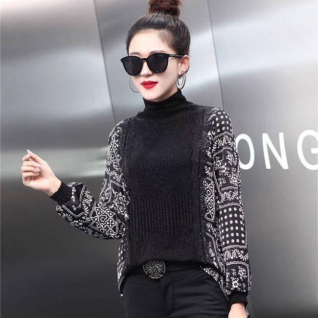 Spring Autumn Vintage Printed Sweater Women Loose Korean Knitwear Top High Neck Pullover Sweater