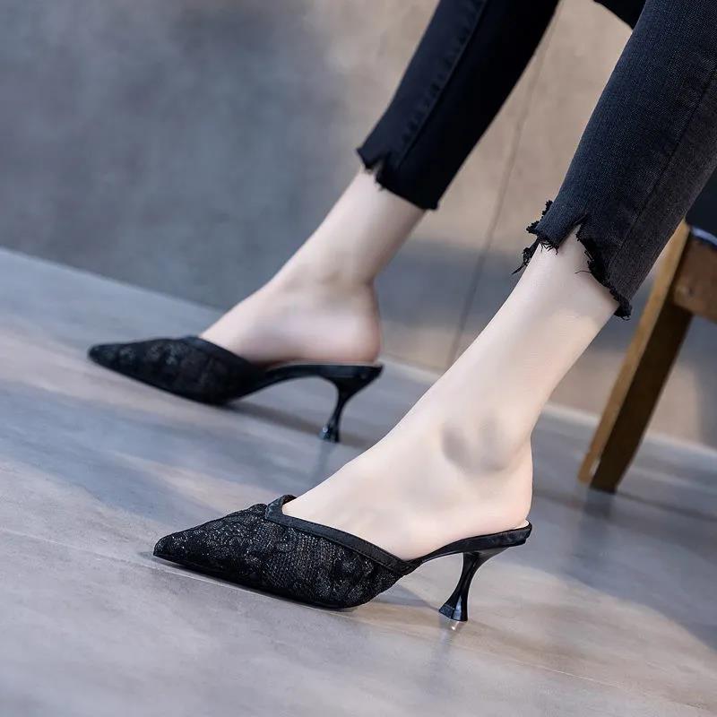 Hollow Half Slippers Women's Summer Fashion Wear Mesh Gauze All-match Pointed Toe Stiletto Sexy High Heels