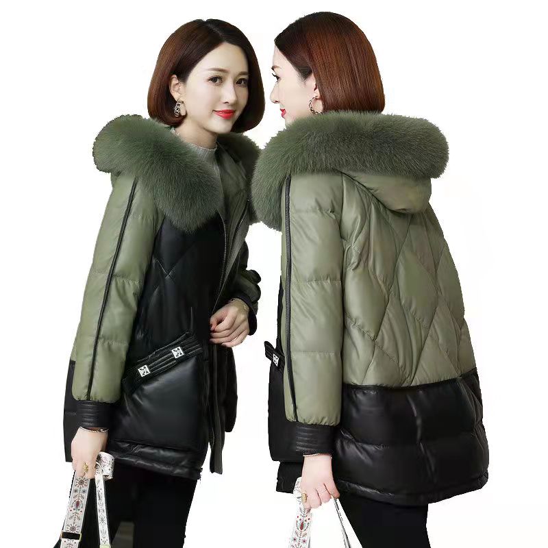 Winter Pu Leather Down Cotton Jacket Women Short Imitation Sheep Leather Fur Coat Imitation Fox Fur Collar Hooded Jacket