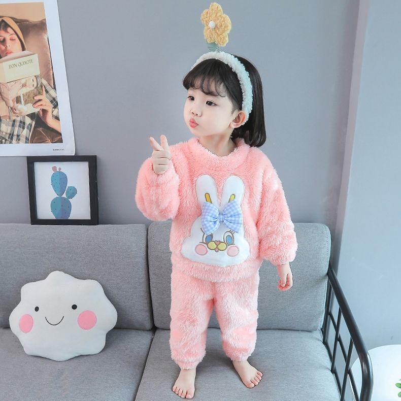 Baby Pajamas Autumn Winter Flannel Set Girls Warm Coral Velvet Children's Thickened Girls' Home Clothes Two-piece Set