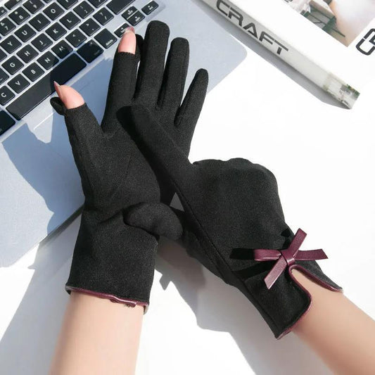 Women's Plus Velvet Warm Gloves Autumn Winter Cold Protection Mittens Korean Style Cute Sweet Bow Knot Fingerless Flip Show Two Fingers Gloves