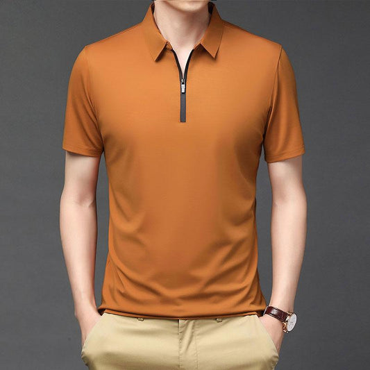 Men's Lapel Zipper T-shirt Solid Color Short-sleeved T-shirt POLO Shirt Middle-aged and Elderly Casual Tops