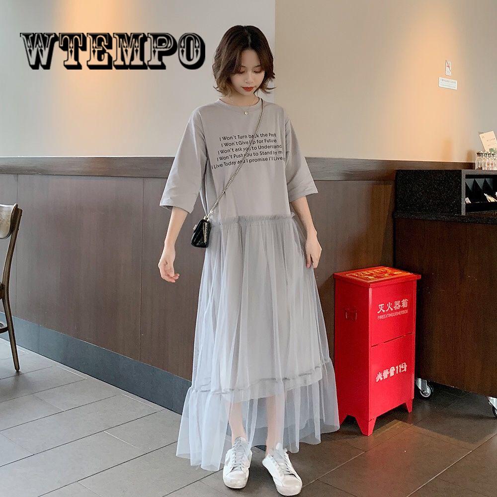 Summer 2019 New Fashion Design Long Dress Loose Short-sleeved Stitching Mesh Dress plus size S-XXL