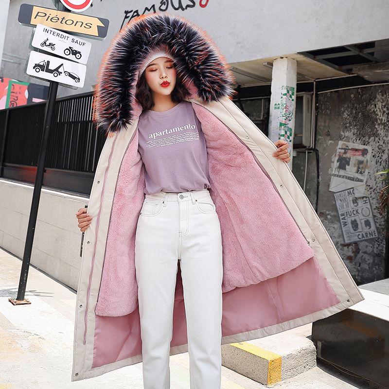 Winter Fashion Women's Long Over-the-knee Korean Style Loose Plus Size Cotton-padded Jacket with Thick Large Fur Collar Coat